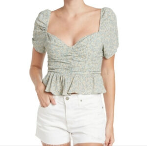 ASTR The Label Blue Ditsy Floral Sweetheart Neck Puff Sleeve‎ Blouse New…